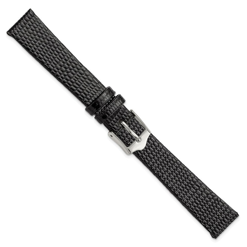 DeBeer 14mm Flat Black Lizard Grain Leather with Silver-tone Buckle 6.75 inch Watch Band