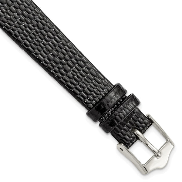 14mm Flat Black Lizard Grain Leather Silver-tone Buckle Watch Band