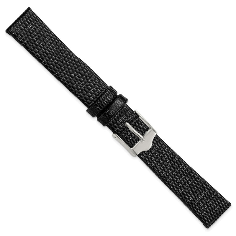 16mm Flat Black Lizard Grain Leather Silver-tone Buckle Watch Band