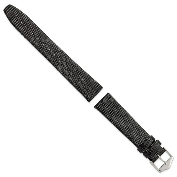 18mm Flat Black Lizard Grain Leather Silver-tone Buckle Watch Band