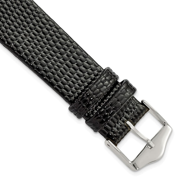 18mm Flat Black Lizard Grain Leather Silver-tone Buckle Watch Band