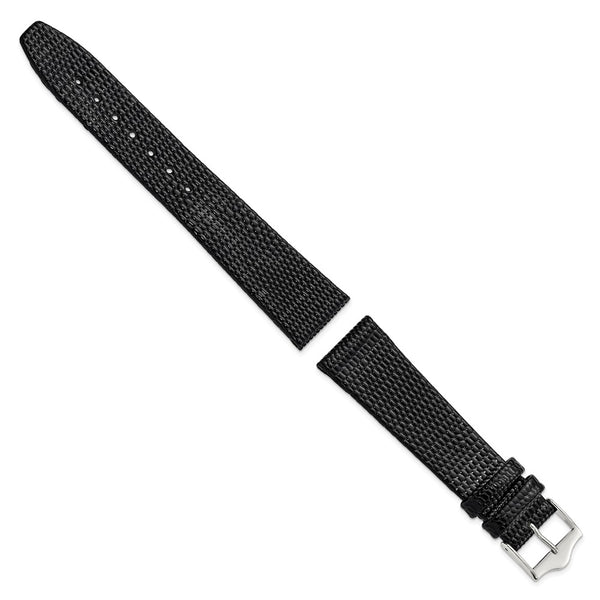 DeBeer 19mm Flat Black Lizard Grain Leather with Silver-tone Buckle 7.5 inch Watch Band