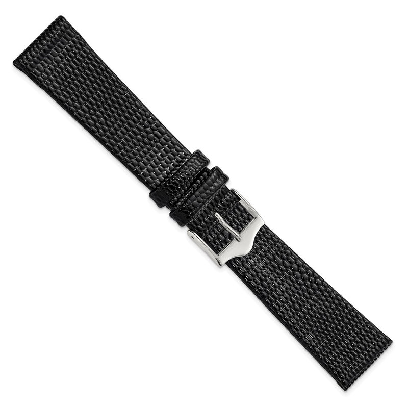 19mm Flat Black Lizard Grain Leather Silver-tone Buckle Watch Band