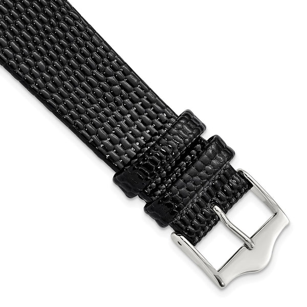 19mm Flat Black Lizard Grain Leather Silver-tone Buckle Watch Band
