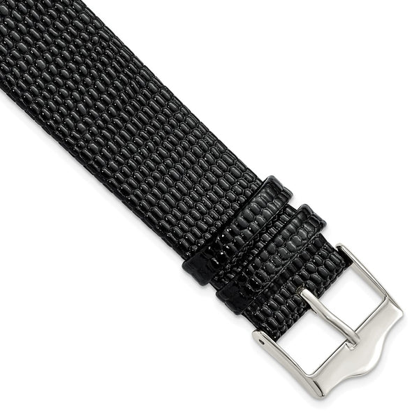 20mm Flat Black Lizard Grain Leather Silver-tone Buckle Watch Band