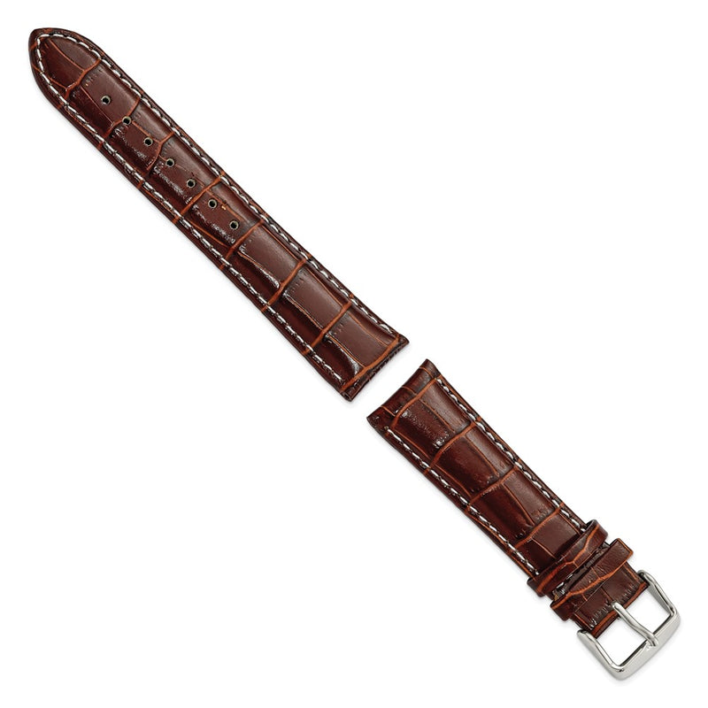 20mm Mahogany Brown Crocodile White Stitch Silver-tone Bkle Watch Band