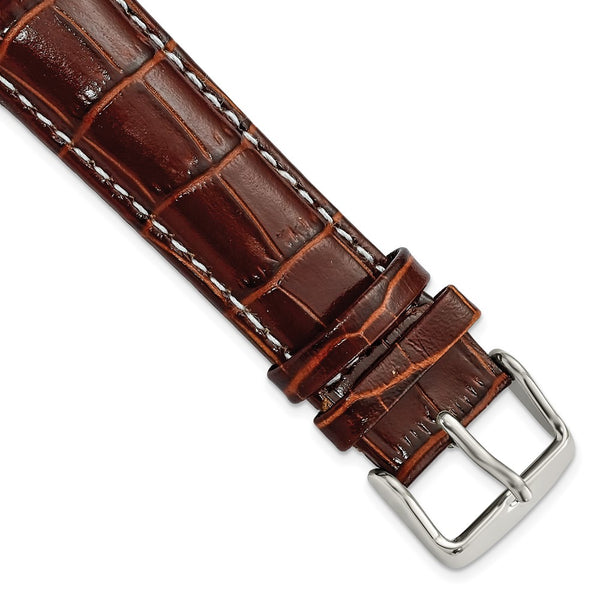 20mm Mahogany Brown Crocodile White Stitch Silver-tone Bkle Watch Band