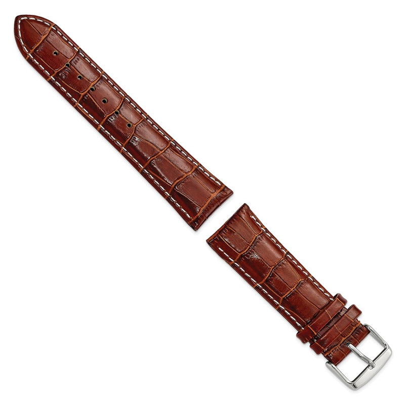 22mm Mahogany Brown Crocodile White Stitch Silver-tone Bkle Watch Band