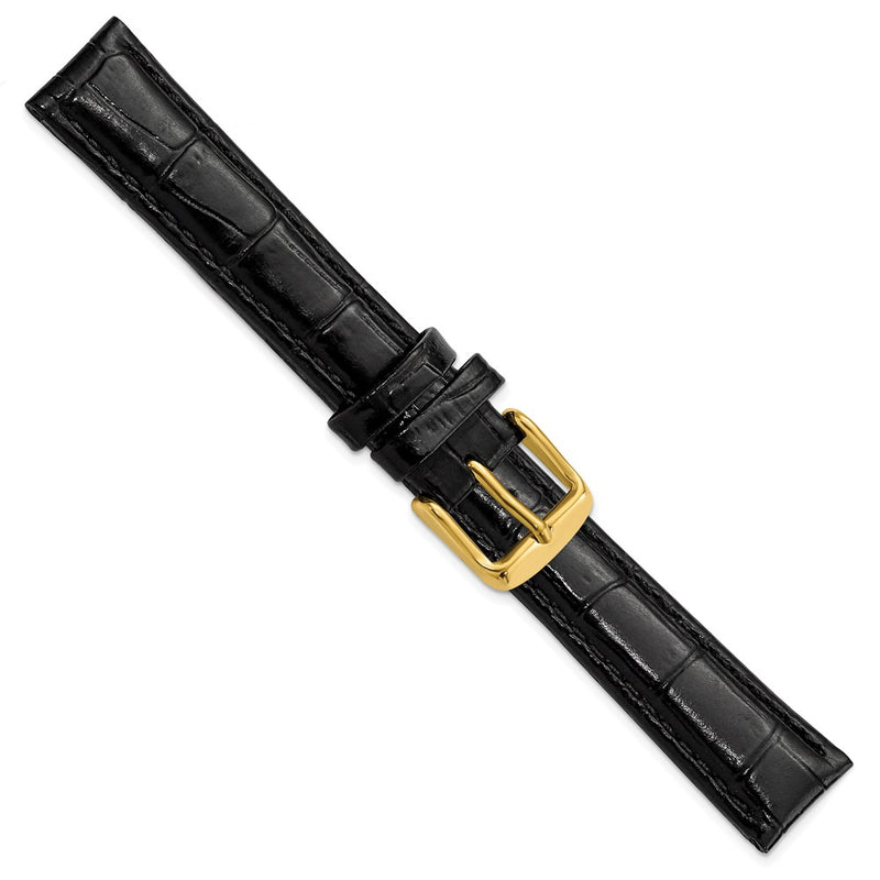DeBeer 16mm Black Crocodile Grain Chronograph Leather with Gold-tone Buckle 7.5 inch Watch Band