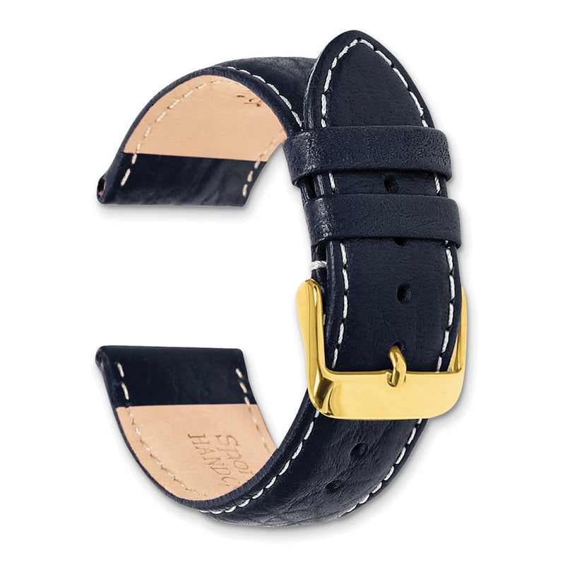 DeBeer 19mm Navy Sport Leather with White Stitching and Gold-tone Buckle 7.5 inch Watch Band