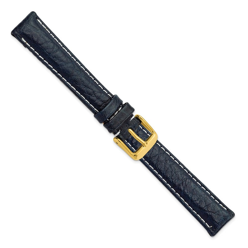 DeBeer 16mm Navy Sport Leather with White Stitching and Gold-tone Buckle 7.5 inch Watch Band