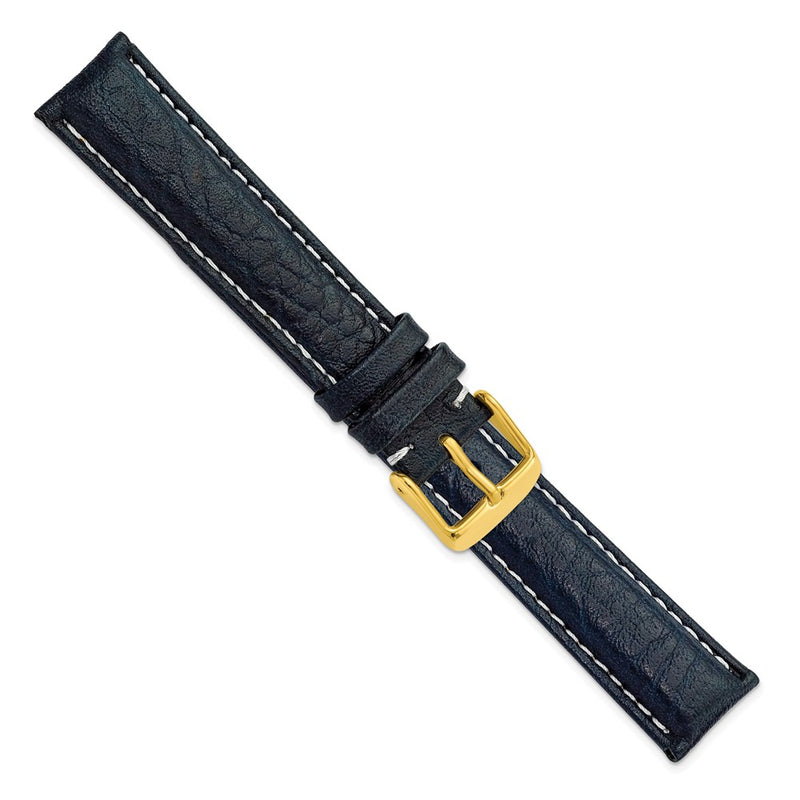 DeBeer 18mm Navy Sport Leather with White Stitching and Gold-tone Buckle 7.5 inch Watch Band