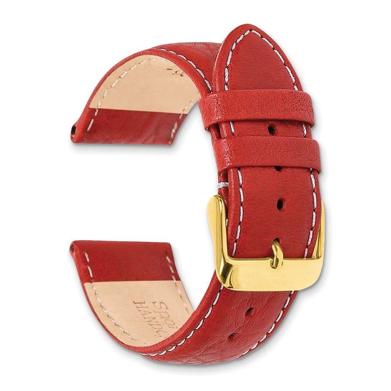 DeBeer 22mm Red Sport Leather with White Stitching and Gold-tone Buckle 7.5 inch Watch Band