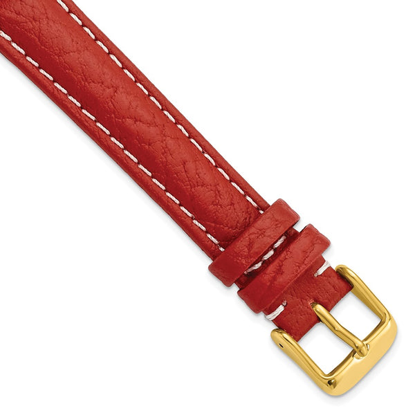 16mm Red Sport Leather White Stitch Gold-tone Buckle Watch Band