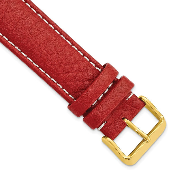 DeBeer 22mm Red Sport Leather with White Stitching and Gold-tone Buckle 7.5 inch Watch Band