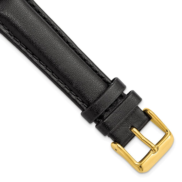 18mm Black Smooth Leather Chrono Gold-tone Buckle Watch Band