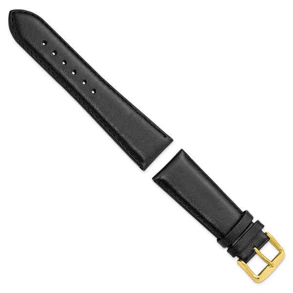 22mm Short Black Smooth Leather Chrono Gold-tone Buckle Watch Band