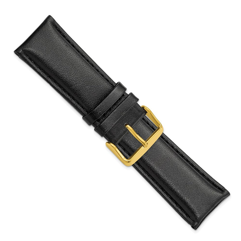 24mm Short Black Smooth Leather Chrono Gold-tone Buckle Watch Band