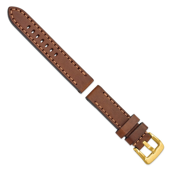 Gilden 20mm Brown Thick and Heavy Sport Calfskin Leather with Brown Stitching and Yellow IP-plated Stainless Steel Buckle 8.1 inch Watch Band