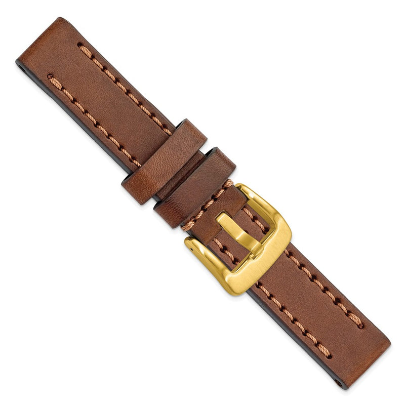 Gilden 20mm Brown Thick and Heavy Sport Calfskin Leather with Brown Stitching and Yellow IP-plated Stainless Steel Buckle 8.1 inch Watch Band