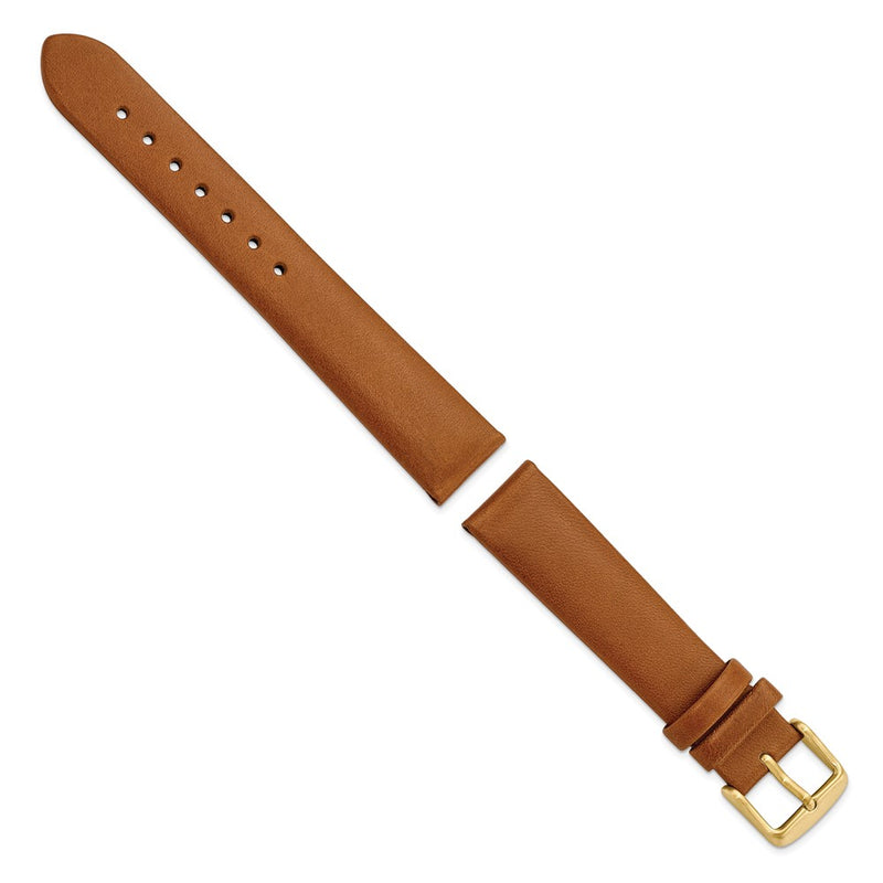 Gilden 18mm Light Brown Padded No-Stitch Calfskin Leather with Yellow IP-plated Stainless Steel Buckle 7.5 inch Watch Band