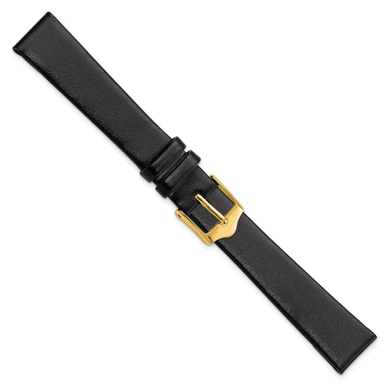 DeBeer 14mm Black Smooth Flat Leather with Gold-tone Buckle 6.75 inch Watch Band