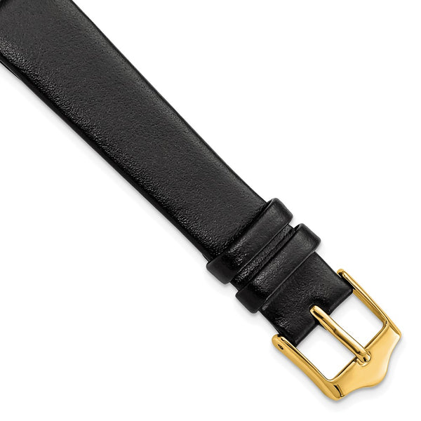 14mm Smooth Flat Black Leather Gold-tone Buckle Watch Band