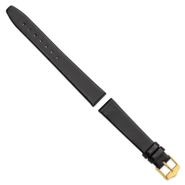 DeBeer 16mm Black Smooth Flat Leather with Gold-tone Buckle 7.5 inch Watch Band