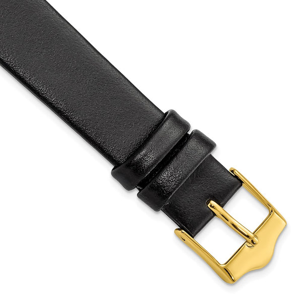 16mm Smooth Flat Black Leather Gold-tone Buckle Watch Band