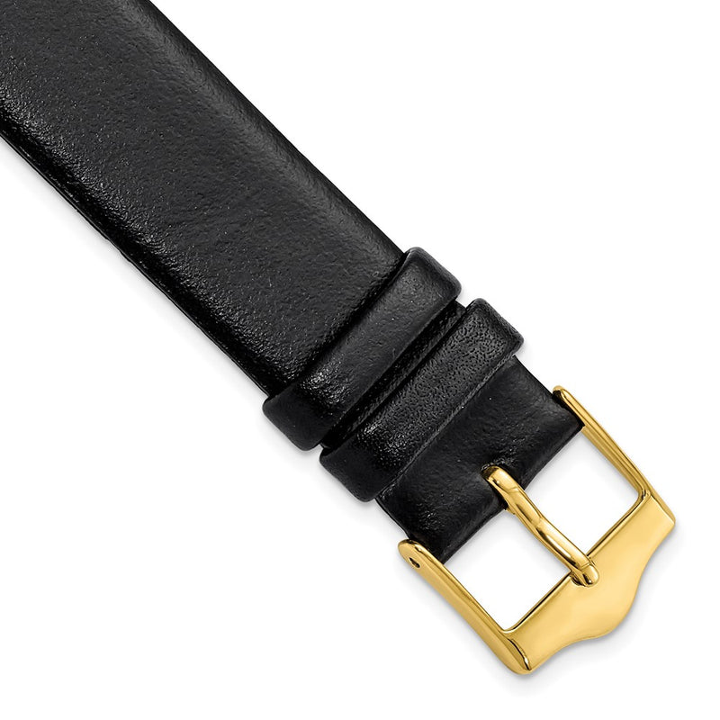 17mm Smooth Flat Black Leather Gold-tone Buckle Watch Band