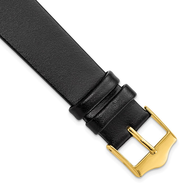 18mm Smooth Flat Black Leather Gold-tone Buckle Watch Band