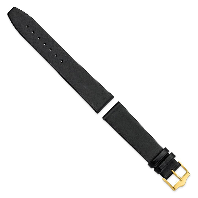 20mm Smooth Flat Black Leather Gold-tone Buckle Watch Band