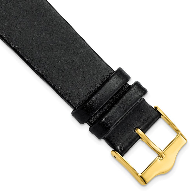 20mm Smooth Flat Black Leather Gold-tone Buckle Watch Band