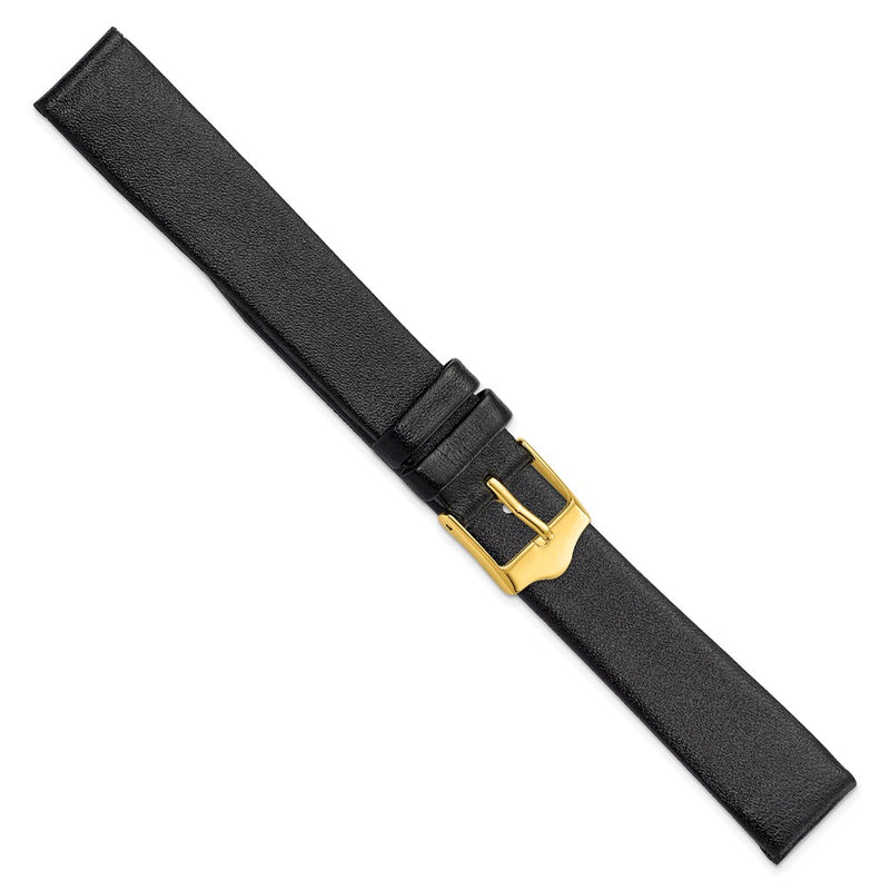DeBeer 16mm Black Long Smooth Flat Leather with Gold-tone Buckle 8.5 inch Watch Band