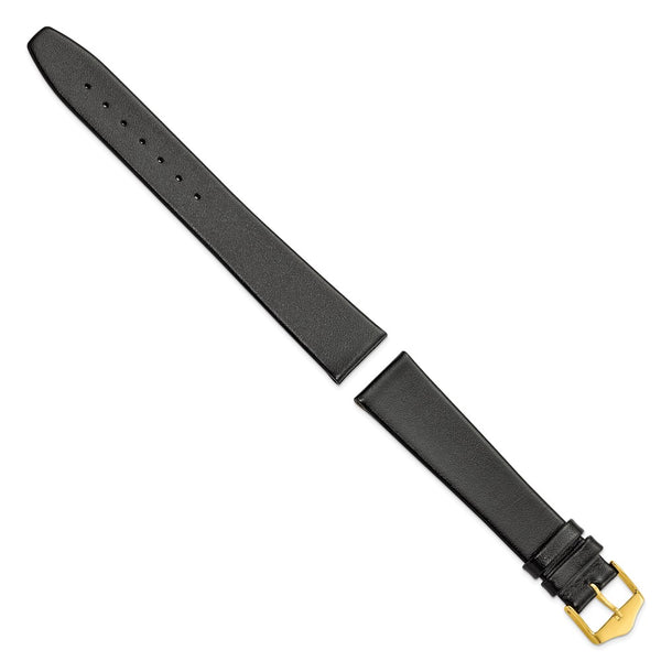 DeBeer 19mm Black Long Smooth Flat Leather with Gold-tone Buckle 8.5 inch Watch Band