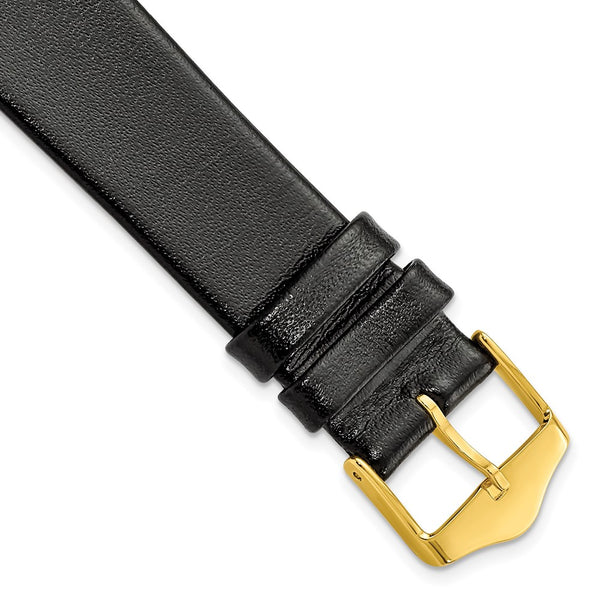 19mm Long Smooth Flat Black Leather Gold-tone Buckle Watch Band