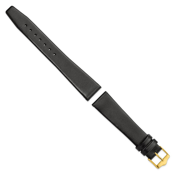 20mm Long Smooth Flat Black Leather Gold-tone Buckle Watch Band