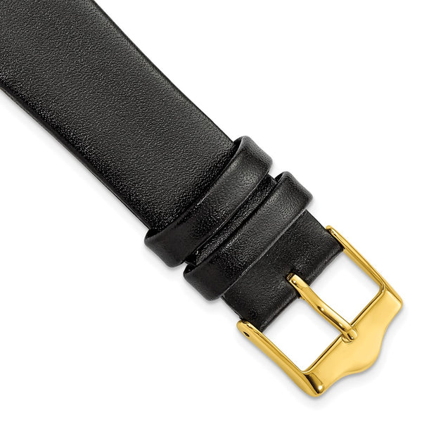 20mm Long Smooth Flat Black Leather Gold-tone Buckle Watch Band