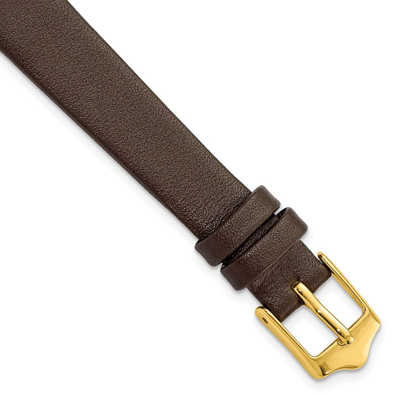 12mm Smooth Flat Dark Brown Leather Gold-tone Buckle Watch Band