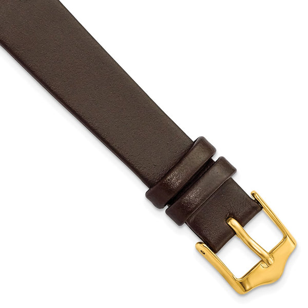 14mm Smooth Flat Dark Brown Leather Gold-tone Buckle Watch Band