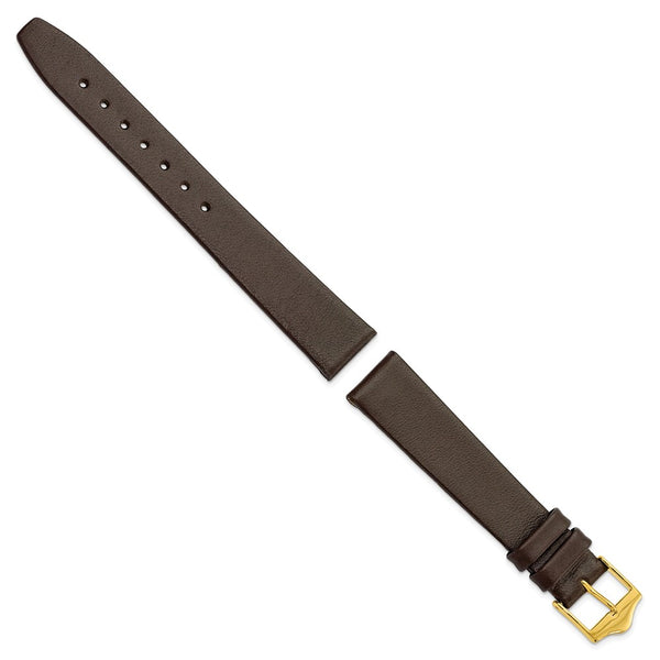 16mm Smooth Flat Dark Brown Leather Gold-tone Buckle Watch Band