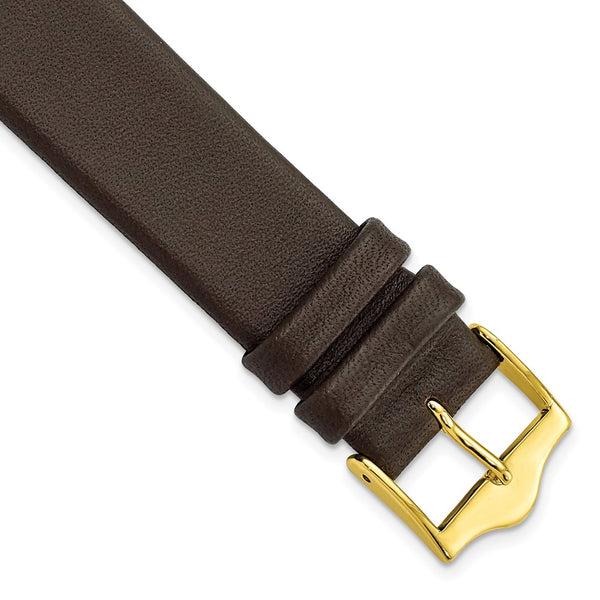 17mm Smooth Flat Dark Brown Leather Gold-tone Buckle Watch Band