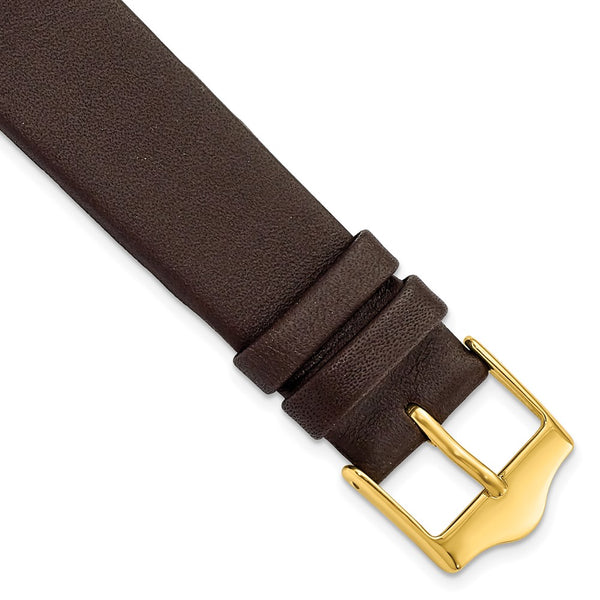 18mm Smooth Flat Dark Brown Leather Gold-tone Buckle Watch Band