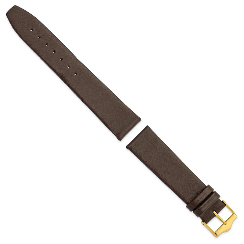 20mm Smooth Flat Dark Brown Leather Gold-tone Buckle Watch Band