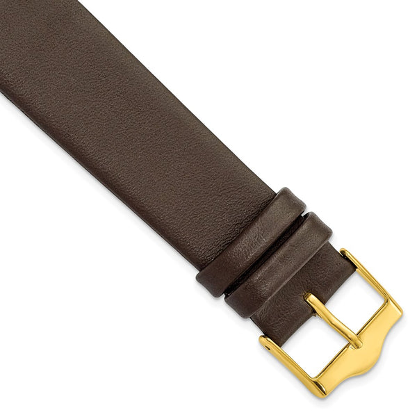 20mm Smooth Flat Dark Brown Leather Gold-tone Buckle Watch Band