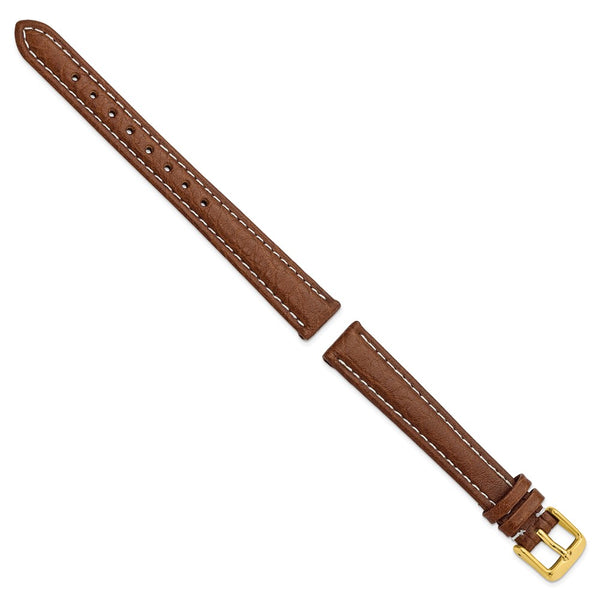 14mm Mahogany Brn Sport Leather White Stitch Gold-tone Buckle Watch Band