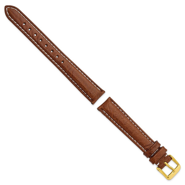 16mm Mahogany Brn Sport Leather White Stitch Gold-tone Buckle Watch Band