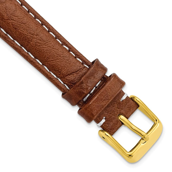 16mm Mahogany Brn Sport Leather White Stitch Gold-tone Buckle Watch Band