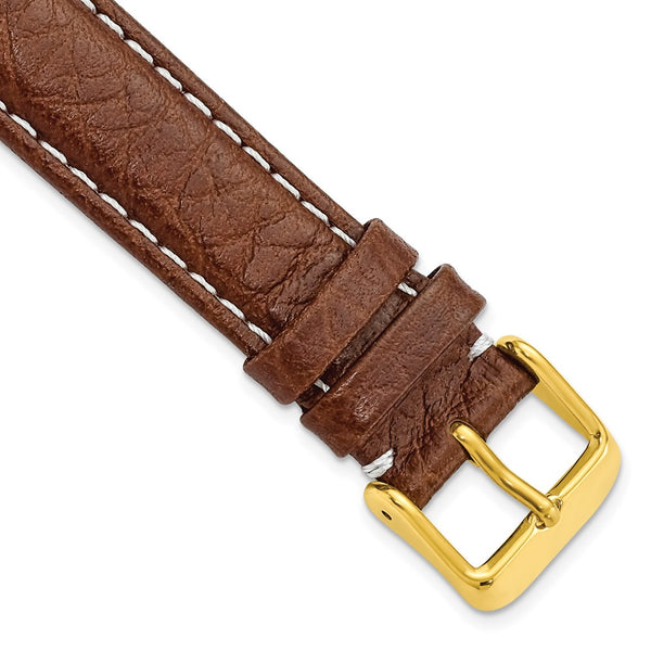 17mm Mahogany Brn Sport Leather White Stitch Gold-tone Buckle Watch Band