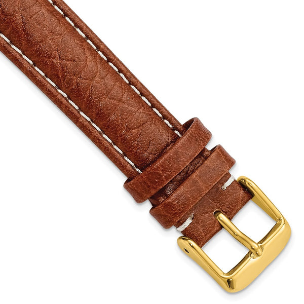 18mm Mahogany Brn Sport Leather White Stitch Gold-tone Buckle Watch Band